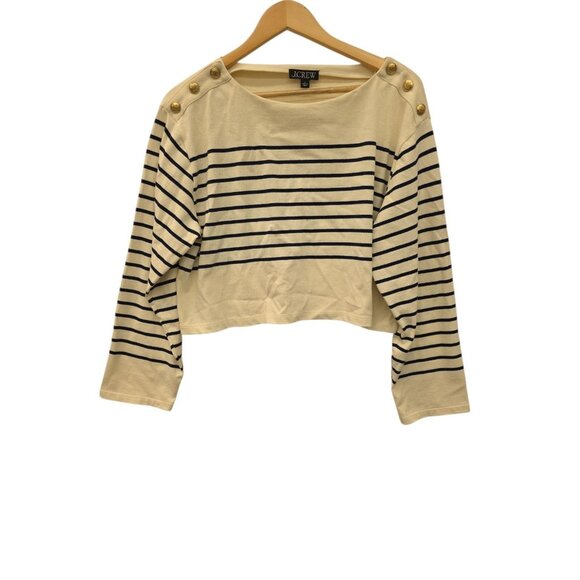 J.Crew Cropped Boatneck T-shirt with Buttons in Mariner Cotton - Size Large - Picture 1 of 9